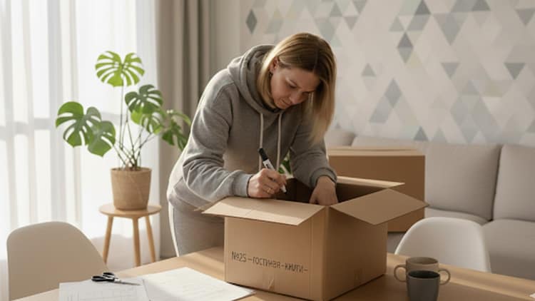 девушка подписывает коробки